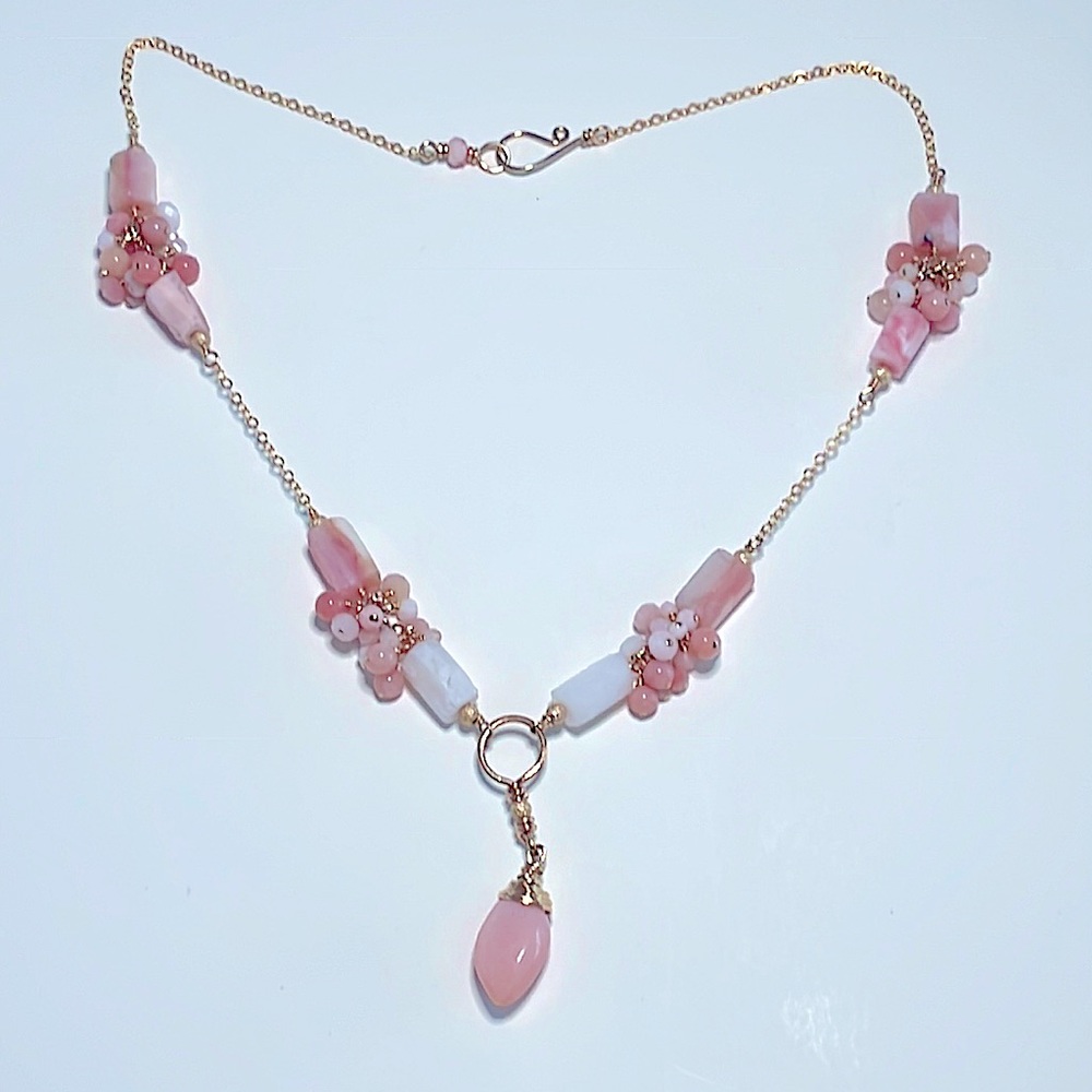 Gold filled necklace with pink and white Peruvian Opal gemstones.